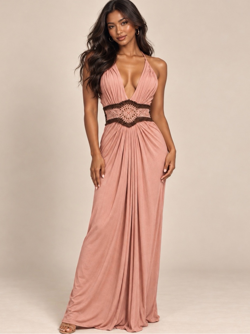 Sky Brand Rose Pink Maxi Dress with Brown Crochet Waist Size S
